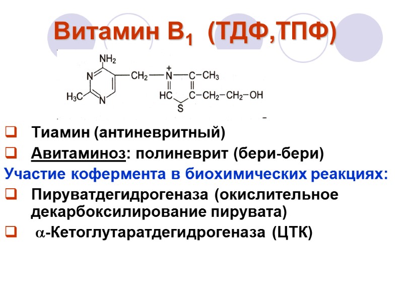 Витамин В1   (ТДФ,ТПФ)    Тиамин (антиневритный) Авитаминоз: полиневрит (бери-бери) Участие